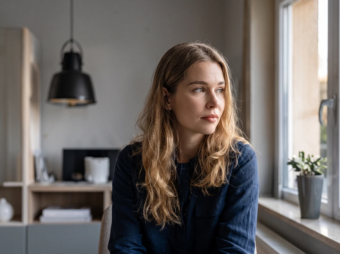 Eine Junge Frau, die aus dem Fenster schaut