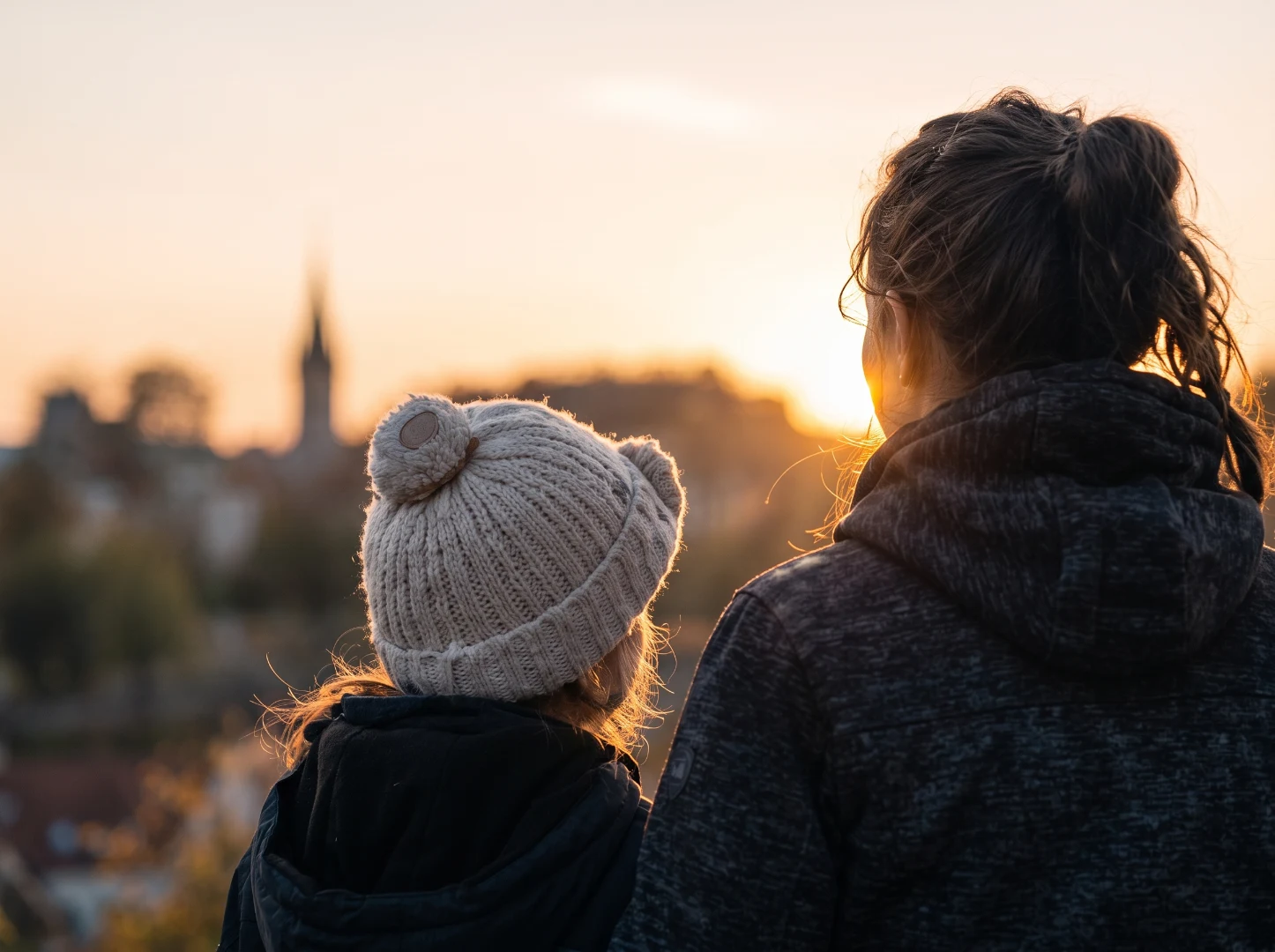Kind und Frau sitzen zusammen und schauen sich den Sonnenuntergang an