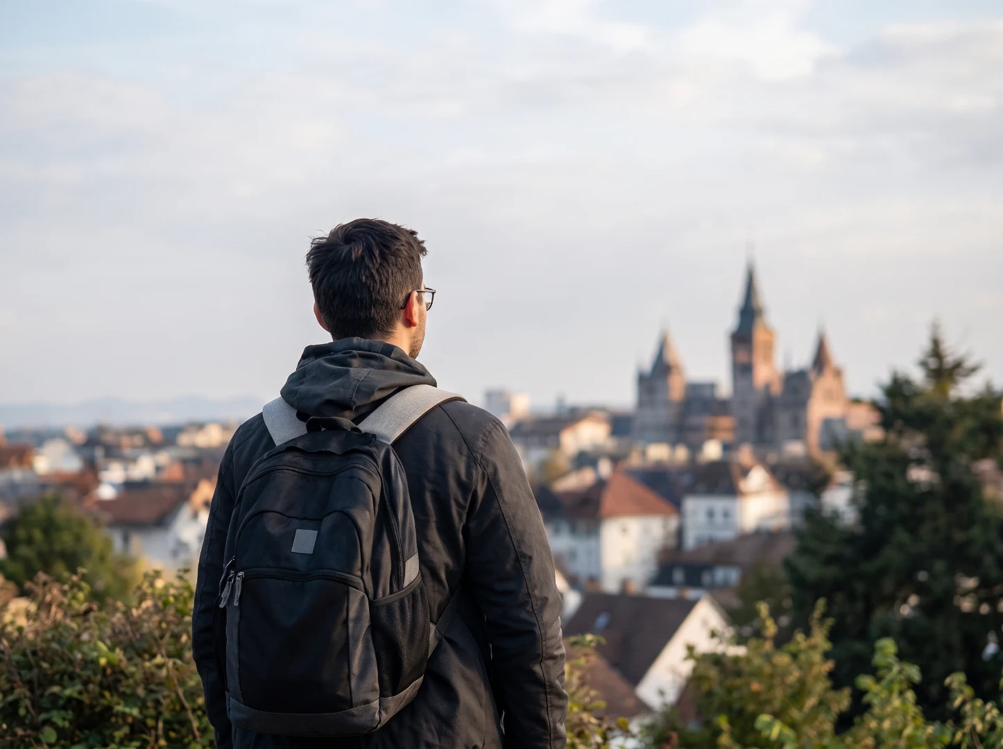 Ein junger Mann der sich auf einem Hügel die Stadt anschaut